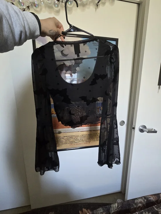 Dolls Kill Black Sheer Bat & Moon Mesh Crop Top - Picture 2 of 3